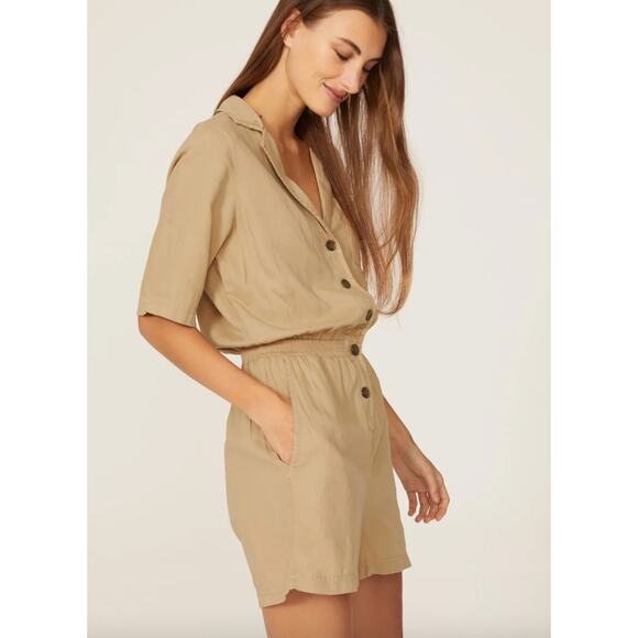Faherty Romper Womens X Large Brown Arlie Button Up Collared Linen Blend - Picture 4 of 11